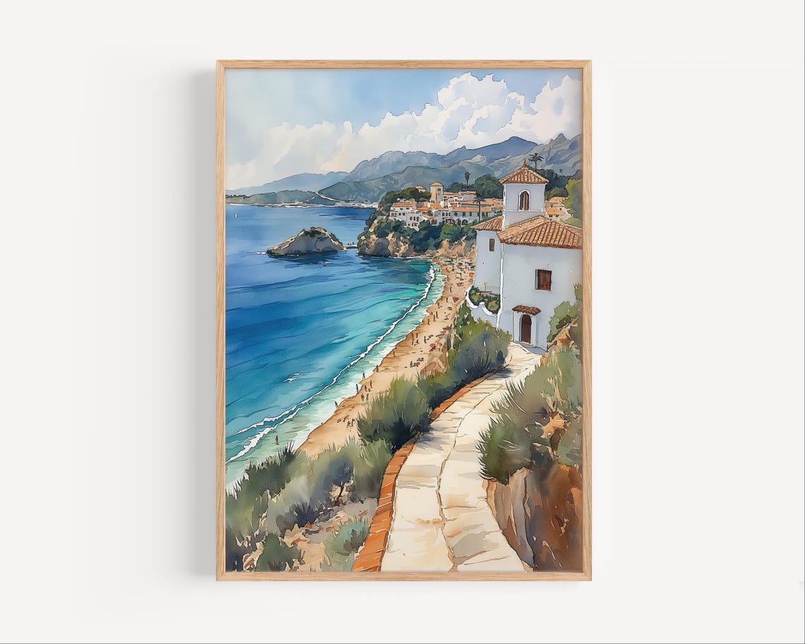 Costa Del Sol Spain Coast Watercolor Beach Church Seaside Poster