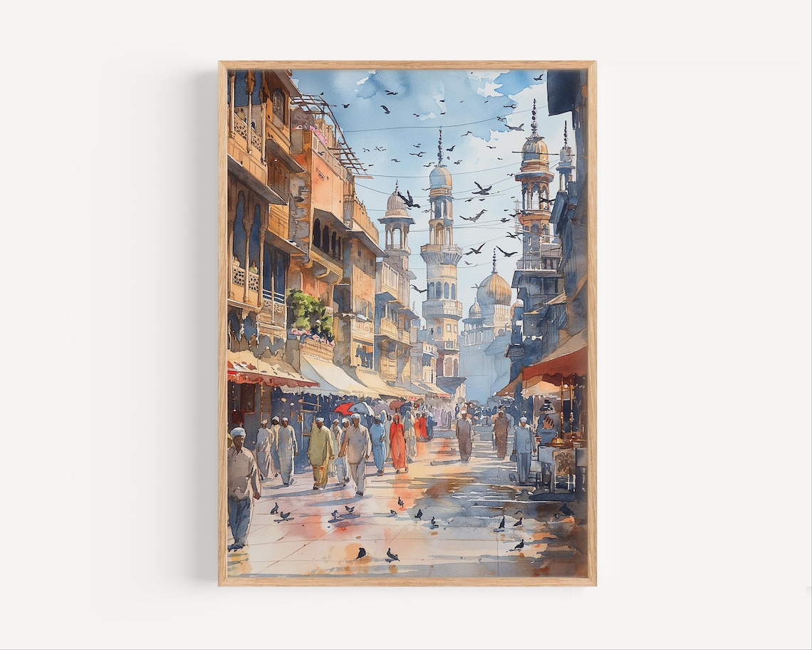Lahore Old City Watercolor Mosque Minaret Street Pakistan Poster