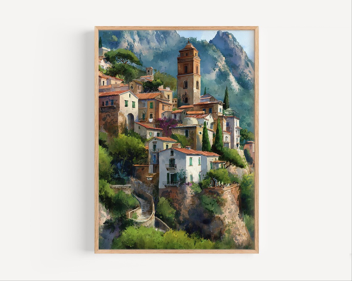 Italian Hillside Village with Bell Tower Warm Sunny Painting Poster