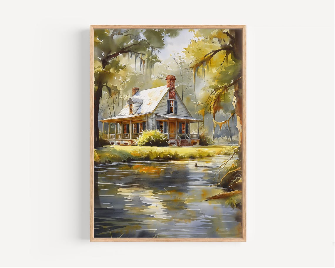 Charming Louisiana Bayou House Watercolor Porch Live Oak Poster