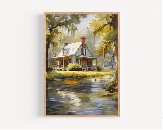 Charming Louisiana Bayou House Watercolor Porch Live Oak Poster