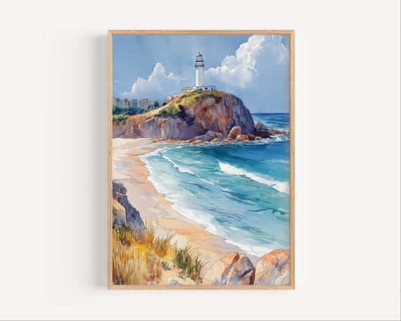 Wollongong Watercolor Painting Poster Or Canvas Print Wall Art Australia Travel Gift Lighthouse
