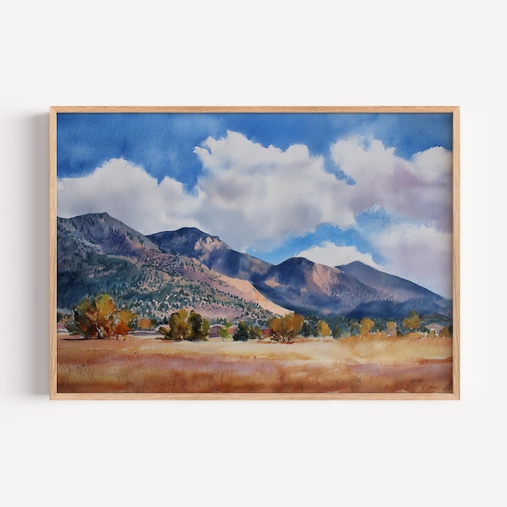 Golden Meadow Desert Mountain Watercolor Valley Landscape Art Poster