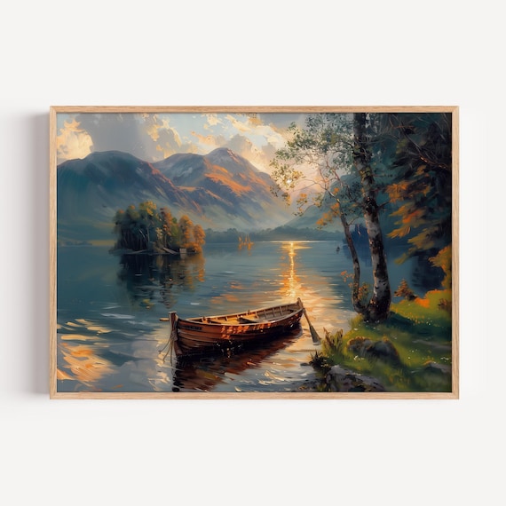 Keswick Lake District Wooden Canoe Mountain Lake Sunset Poster