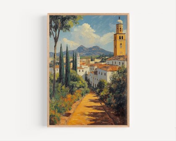 Rabat Morocco Old Town Oil Painting with Minaret Travel Poster