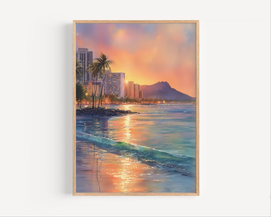 Waikiki Beach Honolulu Diamond Head Sunset Watercolor Poster