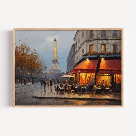 Cafe In Paris Abstract Landscape Oil Painting Print Eiffel Tower Travel Poster Or Canvas Gicle France Wall Art Gift