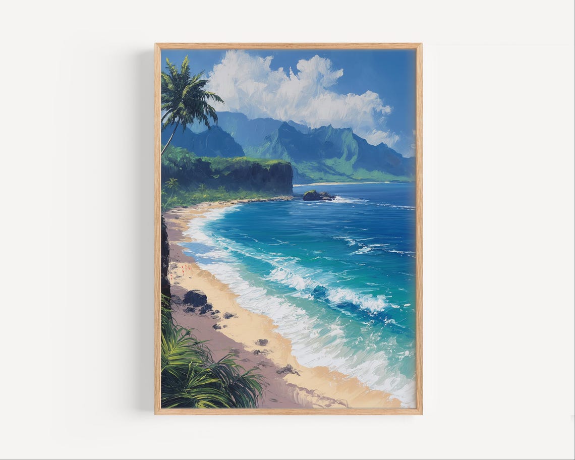 Tropical Beach With Palms And Emerald Cliffs Island Travel Poster