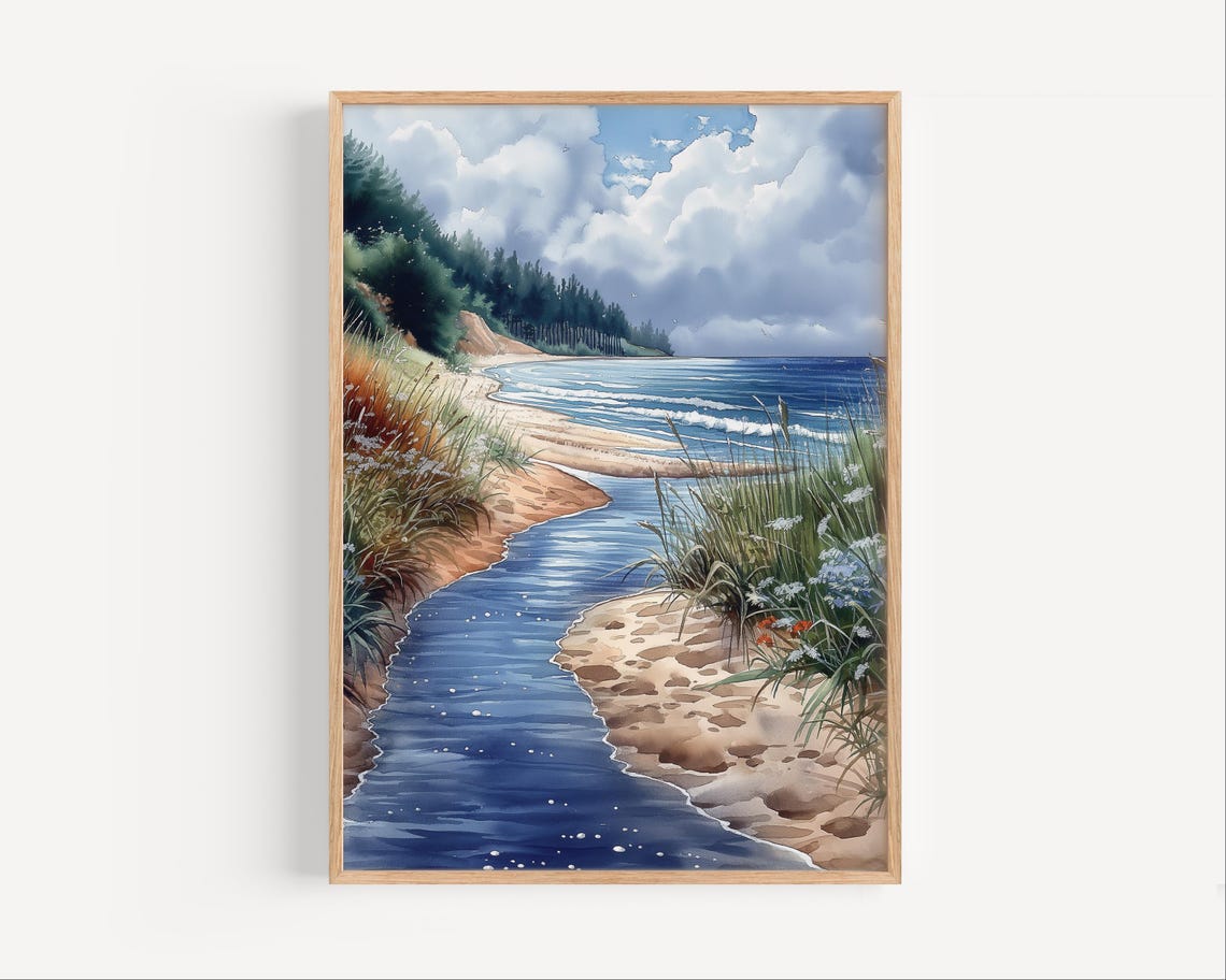 Forest Stream Flowing to Ocean Sandy Beach Watercolor Poster