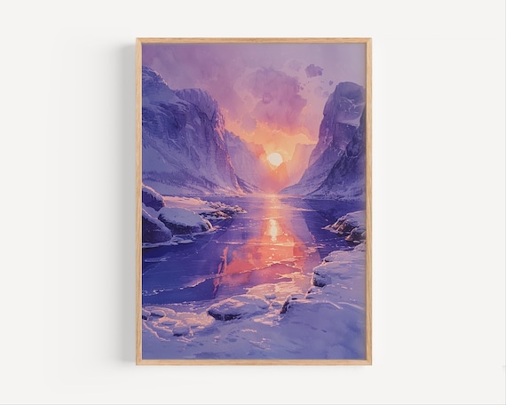 Icy Fjord at Sunset Snowy Cliffs and Frozen Water Winter Landscape Poster