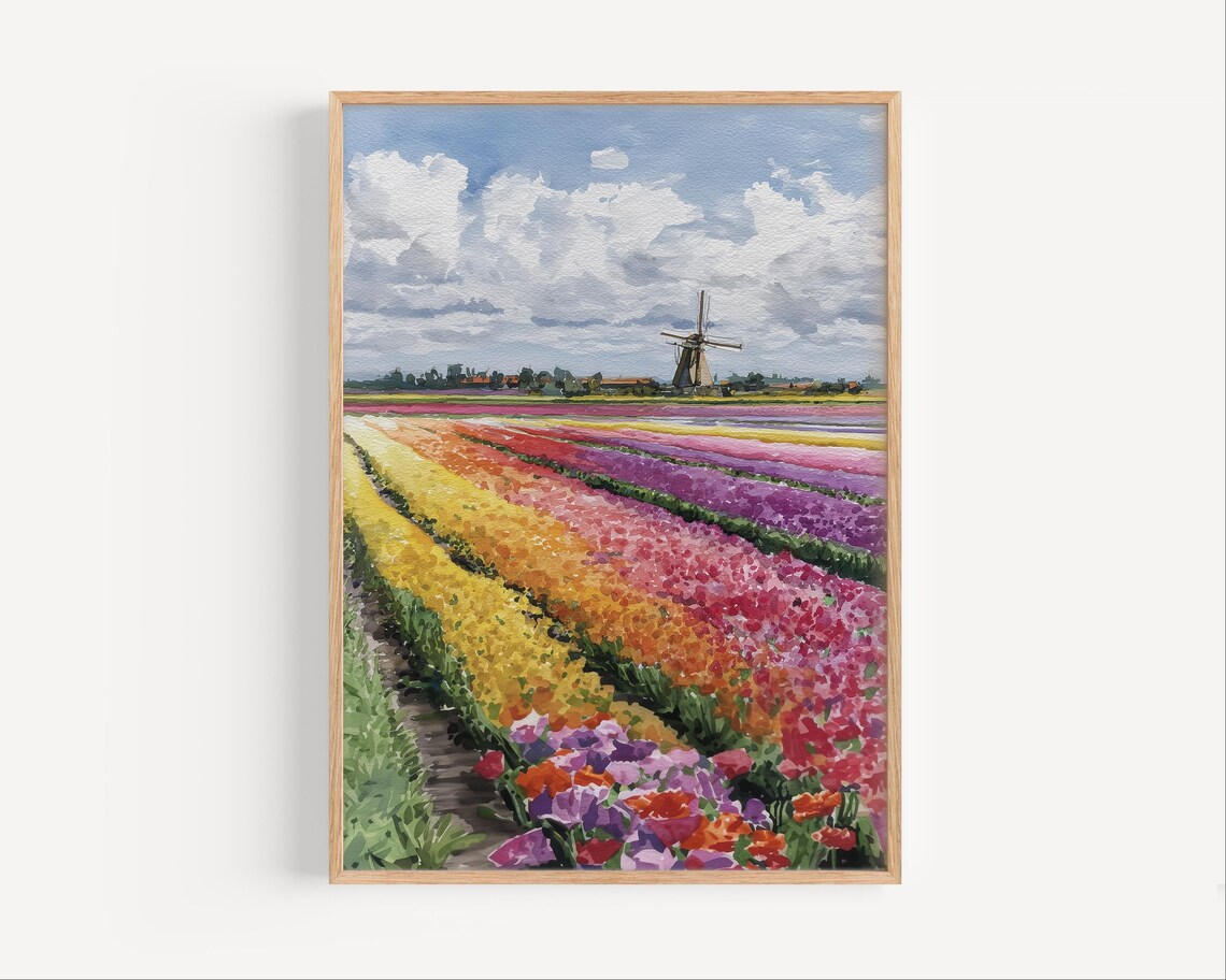 Keukenhof Flower Field Windmill Watercolor Travel Print