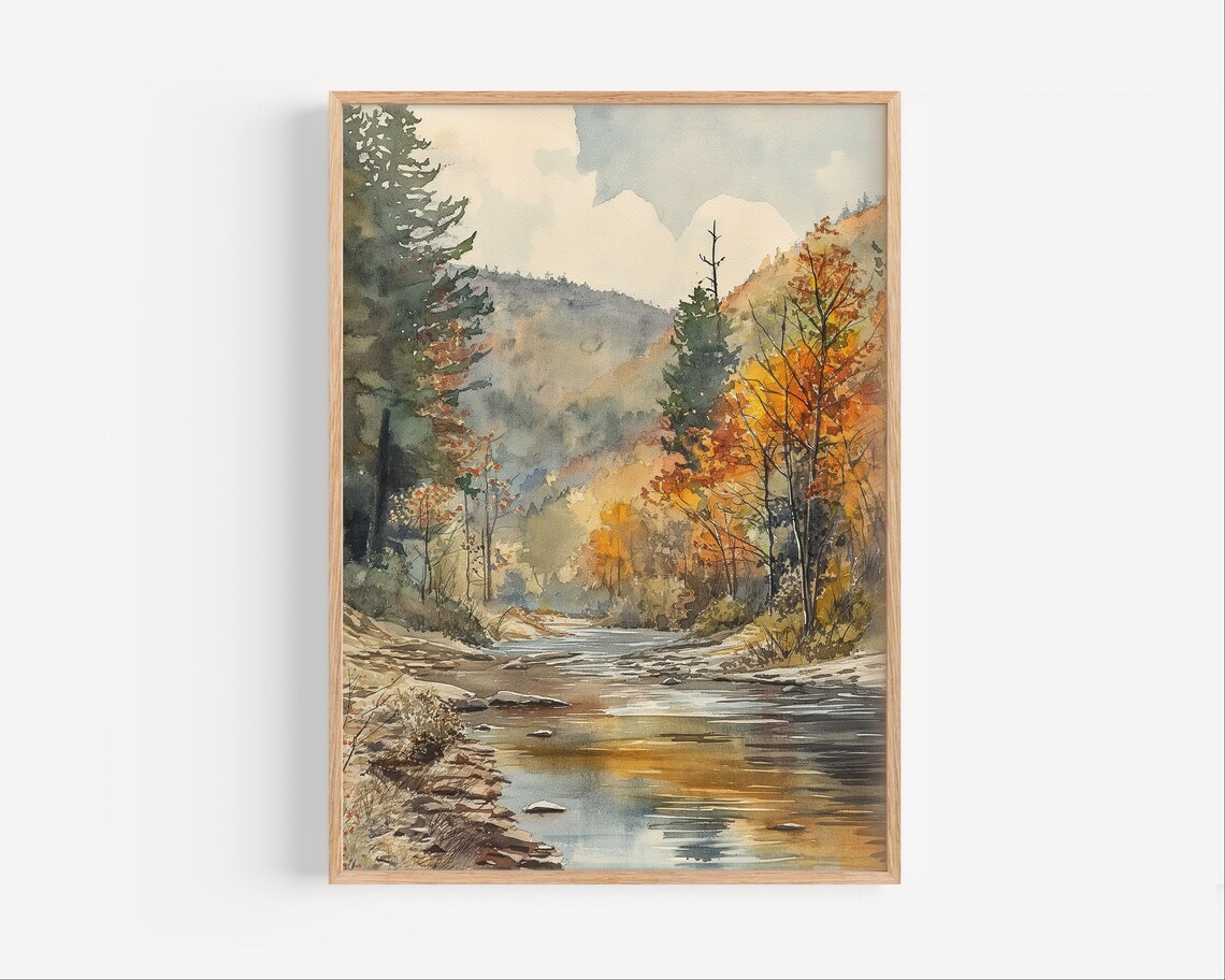 West Virginia Mountain River Autumn Watercolor Landscape Poster