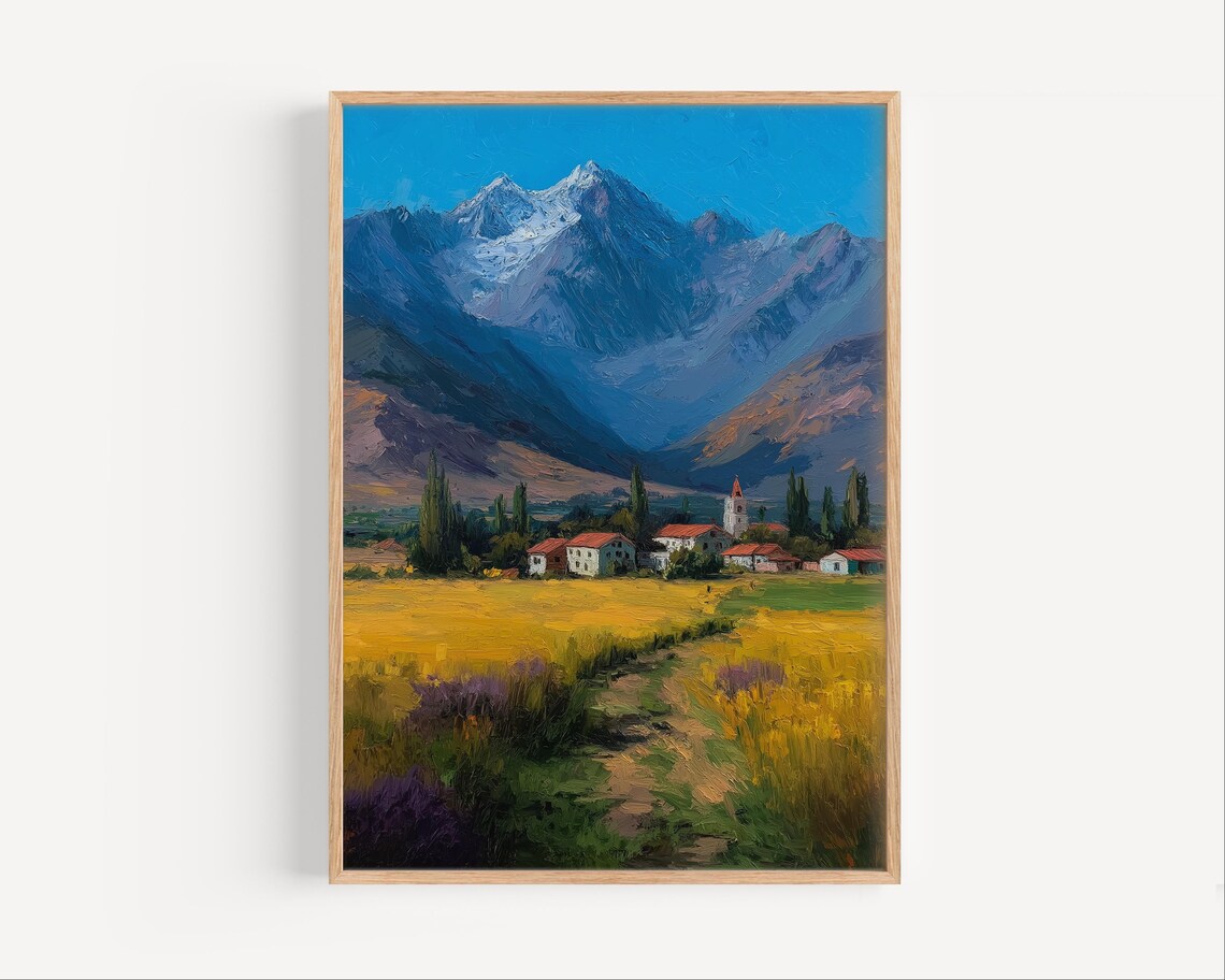 Mendoza Argentina Andes Mountain Village Golden Field Oil Poster