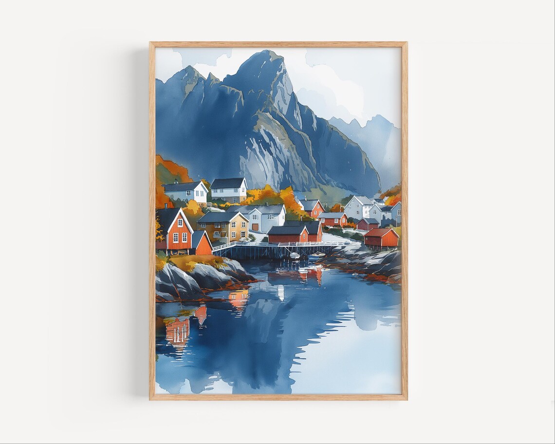 Fishing Village Under Tall Mountain Mirror Lake Watercolor Travel Poster
