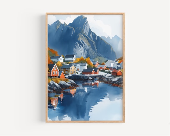 Fishing Village Under Tall Mountain Mirror Lake Watercolor Travel Poster