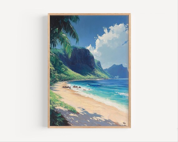 Sunlit Tropical Beach Palm Shadows Oil Painting Ocean View Art Poster