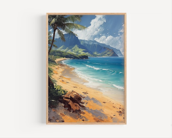 Hawaiian Beach Palm Trees Turquoise Bay Oil Painting Travel Poster