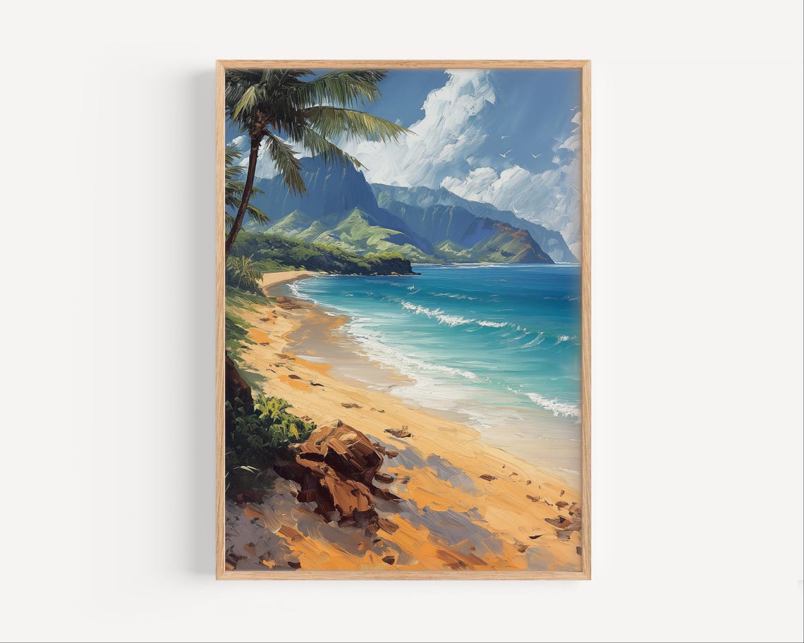 Hawaiian Beach Palm Trees Turquoise Bay Oil Painting Travel Poster