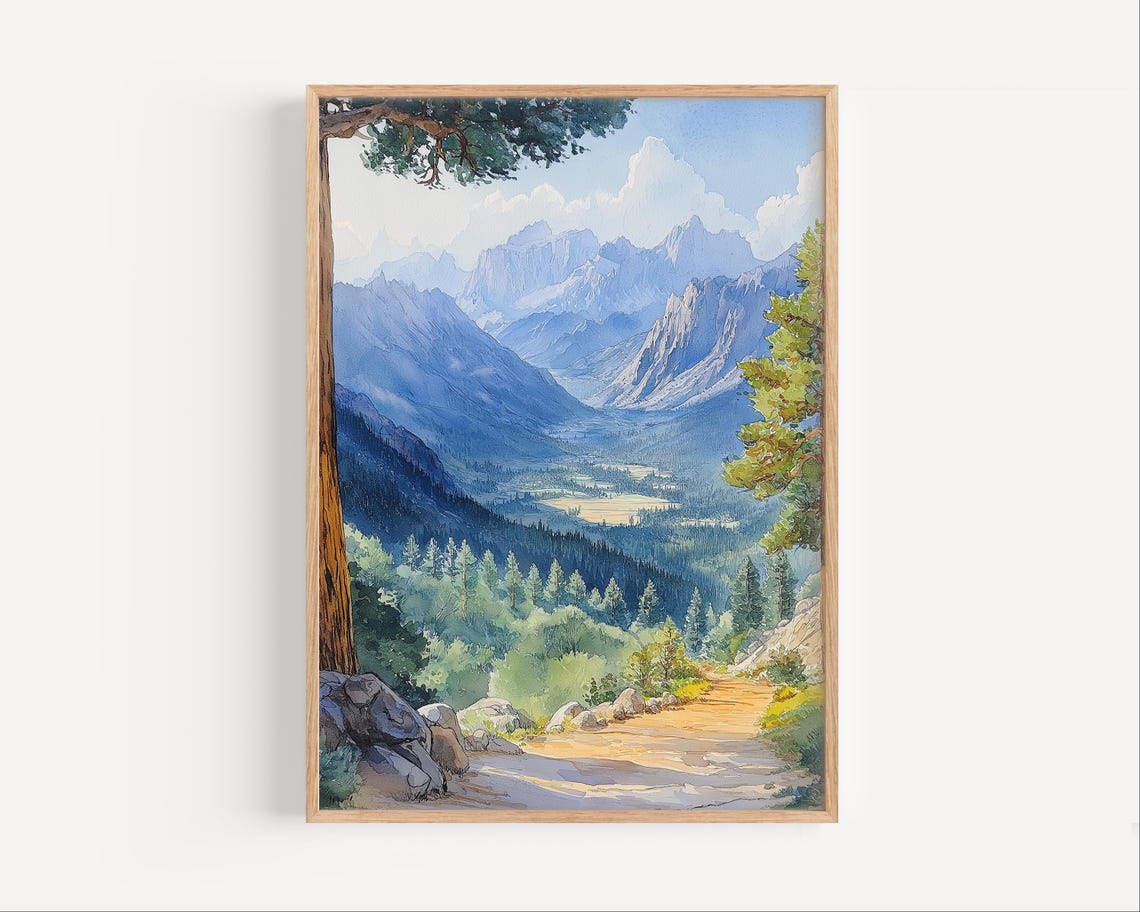 Mountain Valley Overlook Pine Trail Watercolor Landscape Poster