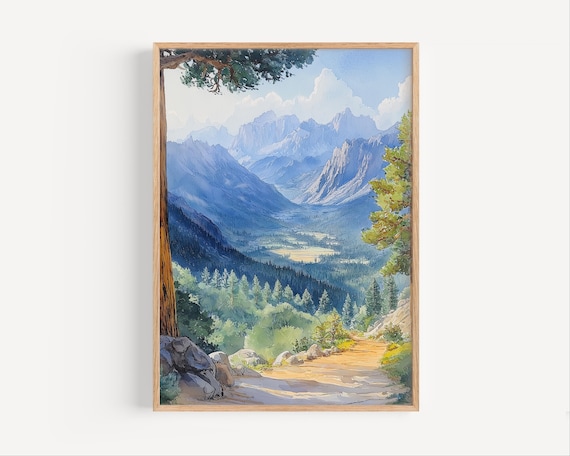Mountain Valley Overlook Pine Trail Watercolor Landscape Poster