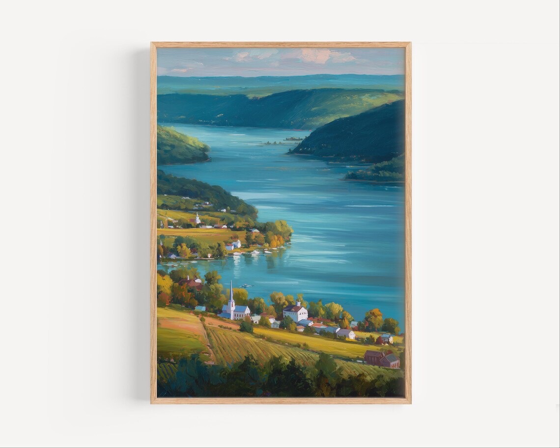 Finger Lakes Village Church Lakeside Autumn Scenic Oil Painting Poster