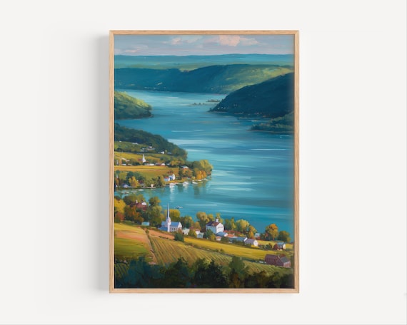 Finger Lakes Village Church Lakeside Autumn Scenic Oil Painting Poster