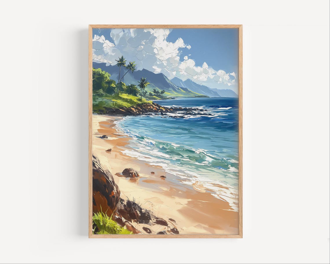 Maui Beach Oil Painting Palm Trees Mountains Blue Ocean Poster