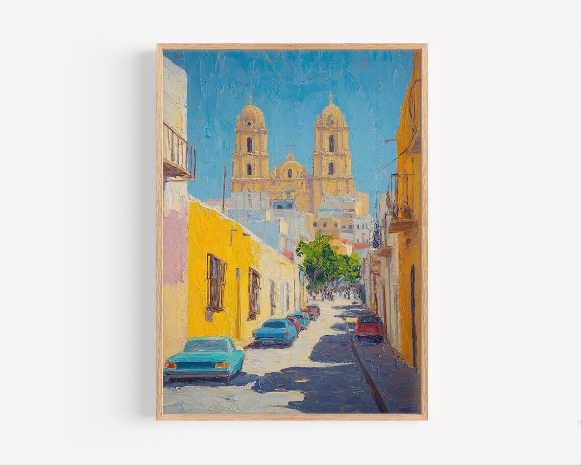 Aguascalientes Cathedral Golden Domes Street Cars Mexico Painting Poster