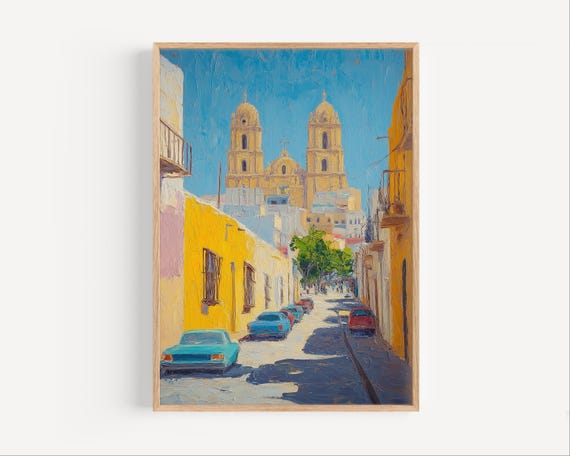 Aguascalientes Oil Painting Cathedral Travel Poster Or Canvas Print Mexico Wall Art Abstract Paint Style