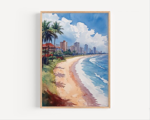 Beach Palms City Skyline Watercolor Coastal Style Art Poster