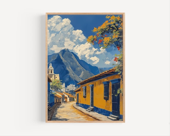 Guatemala City Cobblestone Street Oil Painting Colonial Houses Volcano Poster