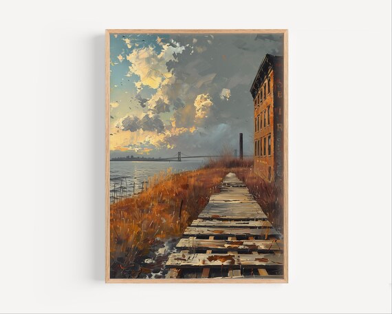 Staten Island Waterfront Boardwalk Dusk Bridge Golden Oil Poster
