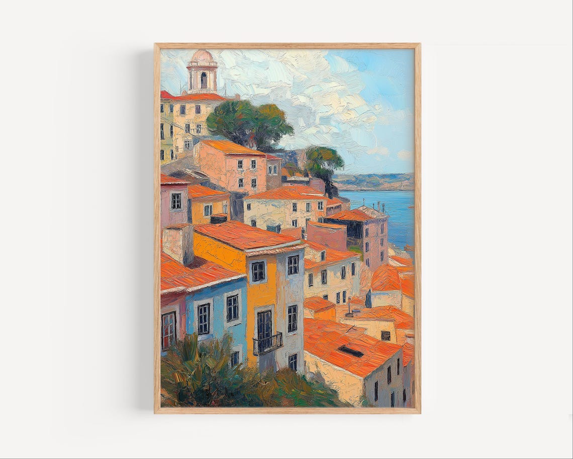 Hillside Mediterranean Town Terracotta Oil Painting Art Poster