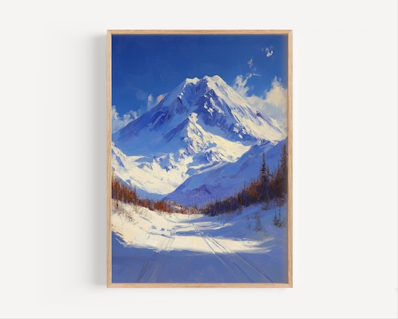Snow Capped Mountain Peak Winter Landscape Oil Painting Poster