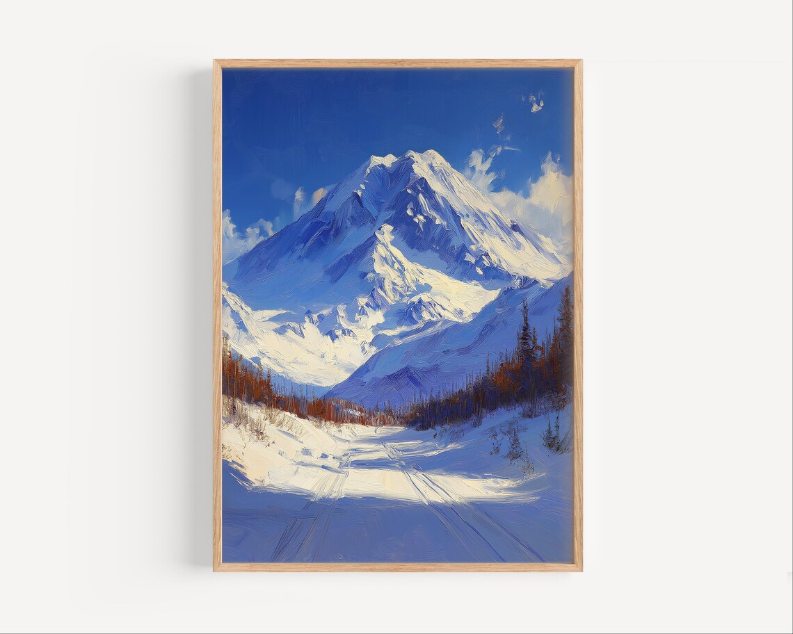 Snow Capped Mountain Peak Winter Landscape Oil Painting Poster