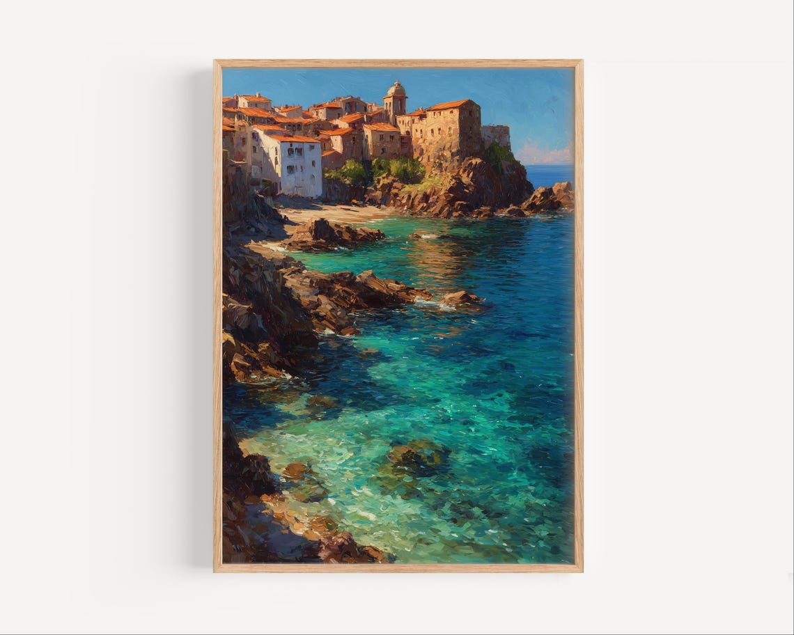 Mediterranean Old Town On Rocky Cliffs Above Turquoise Bay Poster