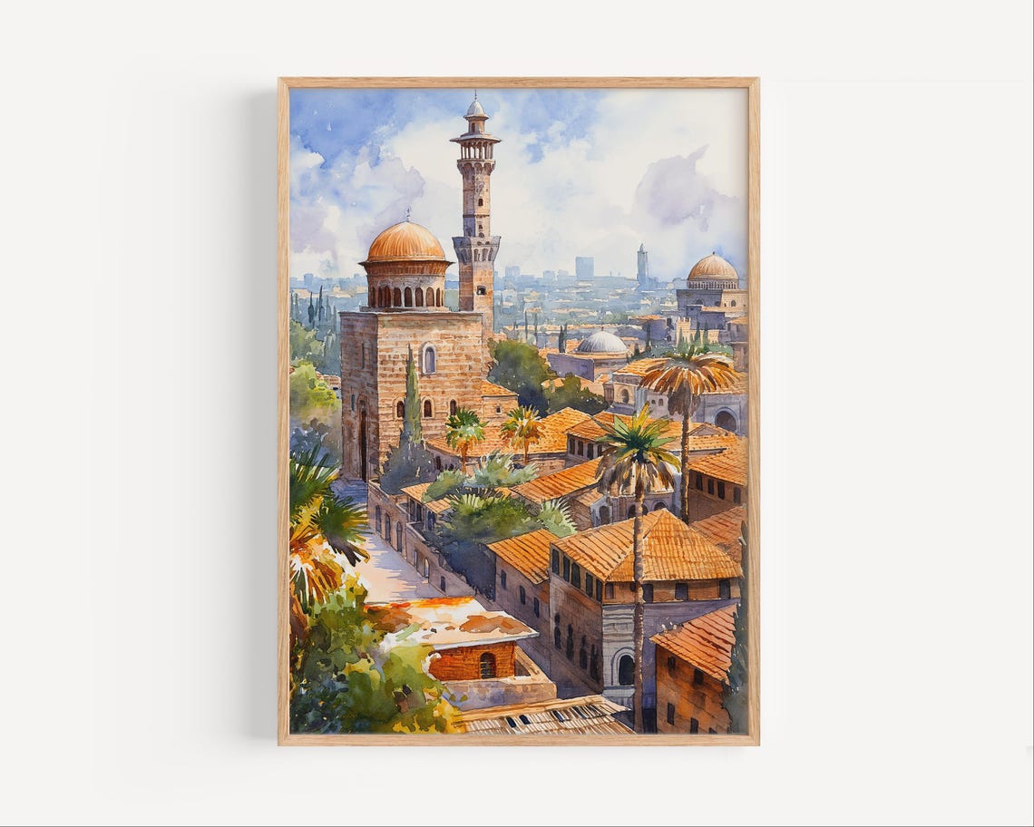 Ancient Old City with Mosque Domes and Minaret Watercolor Art Poster