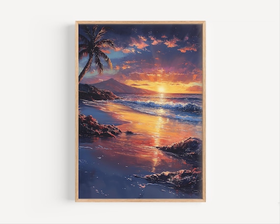 Golden Maui Sunset Beach Palm Silhouette Island Volcano Poster