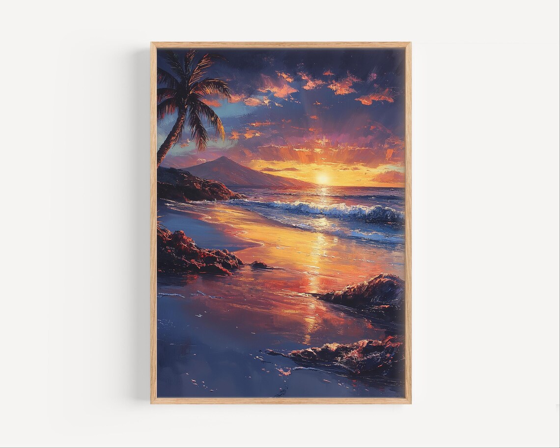 Golden Maui Sunset Beach Palm Silhouette Island Volcano Poster