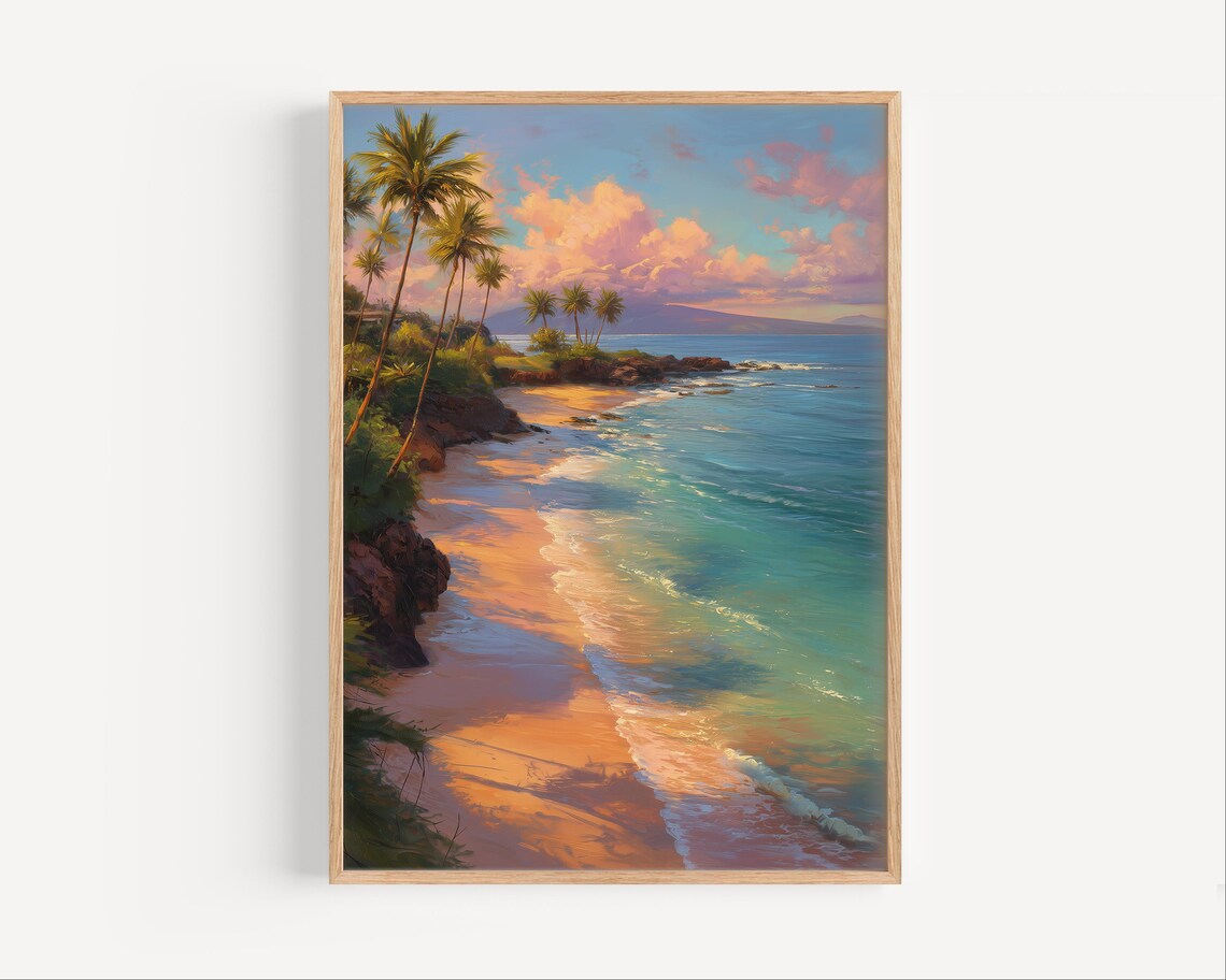 Wailea Maui Beach Tropical Sunset Palm Trees Painting Poster