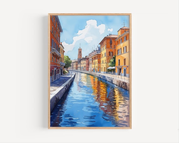 Navigli Milan Canal Sunny Watercolor Italian City Day Poster