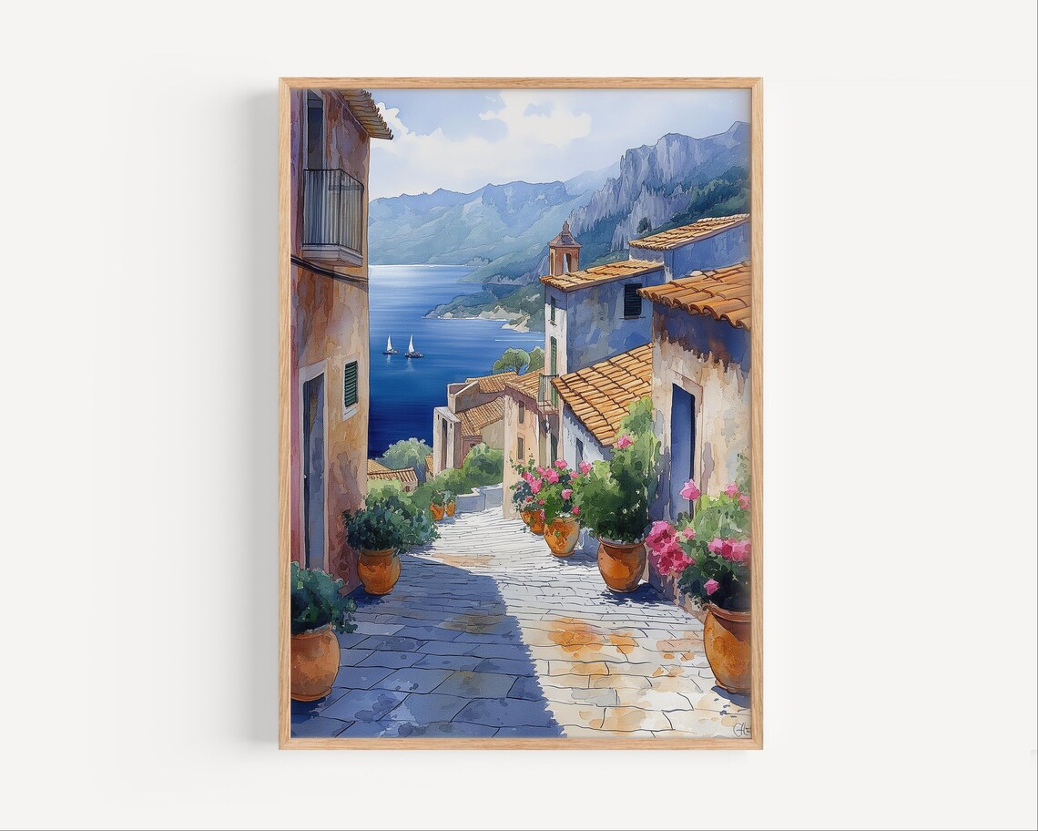 Mediterranean Village Lane Sea View Pink Flowers Watercolor Poster
