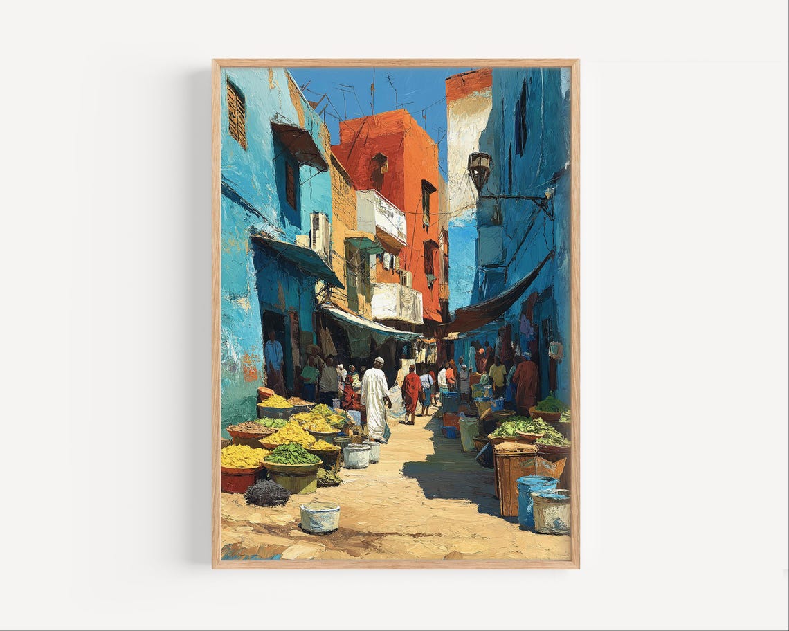 Sudanese Street Market Oil Painting Sudan Poster Print Or Canvas Travel Wall Art Gift Marketplace Paint Style Decor