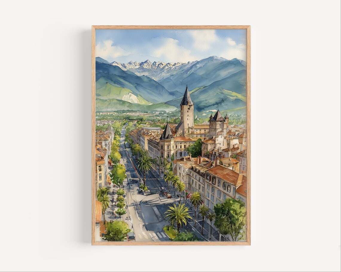 Pau France Watercolor with Castle Palms and Mountain Backdrop Travel Poster