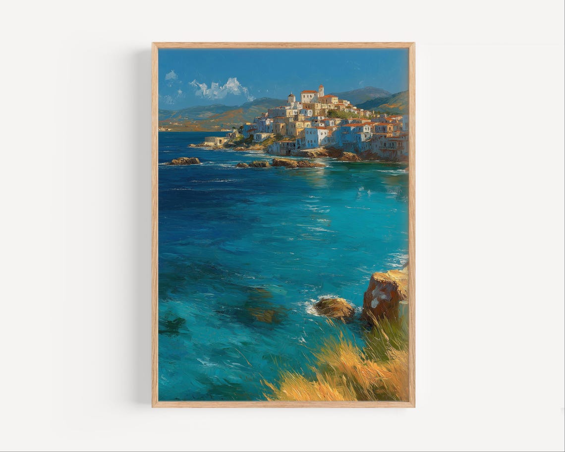 Mediterranean Seaside Village on Rocky Point Turquoise Sea Poster