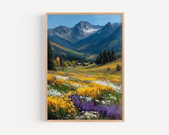 Colorado Wildflower Meadow Mountain Peaks Oil Painting Poster