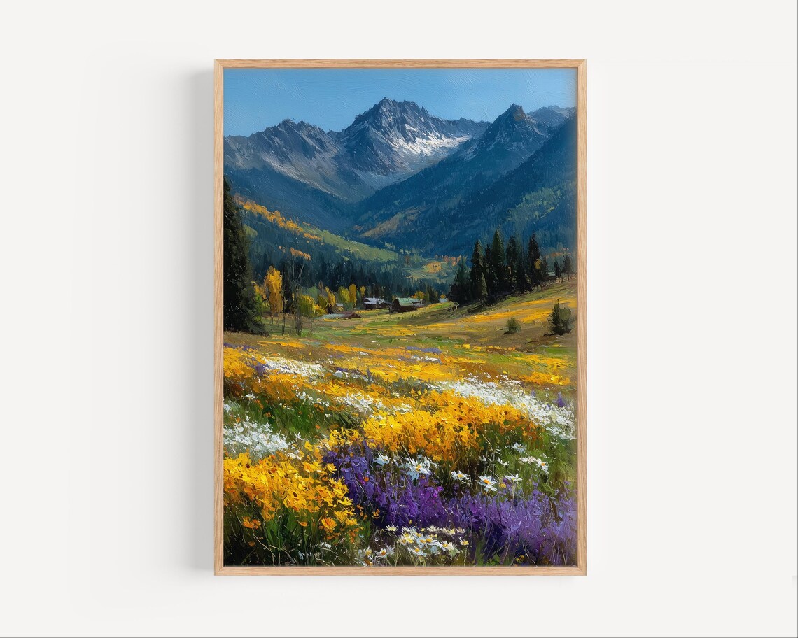 Colorado Wildflower Meadow Mountain Peaks Oil Painting Poster