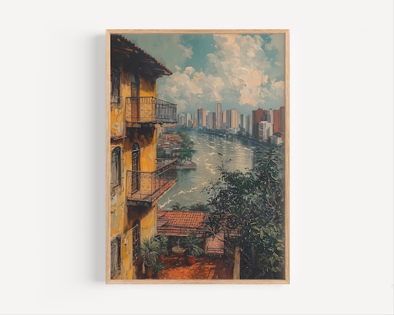 Colonial Balcony Overlooking River And Old Town Skyline Wall Poster