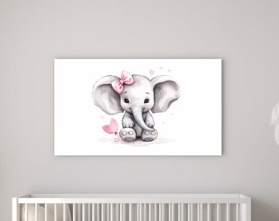 Baby Girl Elephant with Pink Bow and Heart Balloon Nursery Print