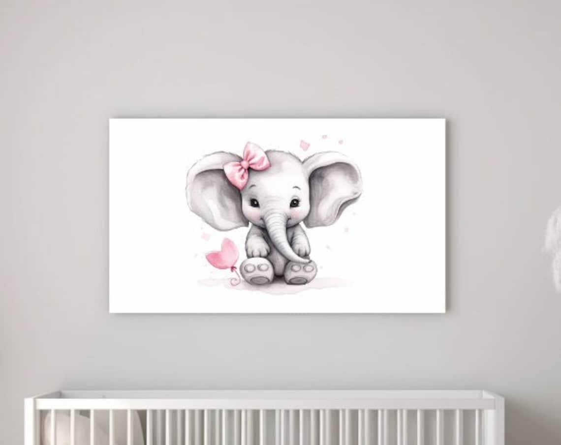 Baby Girl Elephant with Pink Bow and Heart Balloon Nursery Print